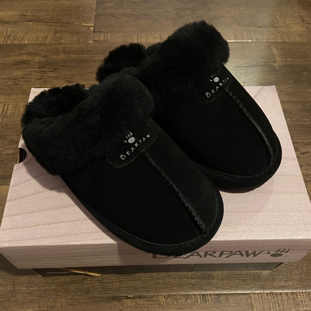 BEARPAW Slippers Loki II Sheepskin Fur Lined Black, Size 5